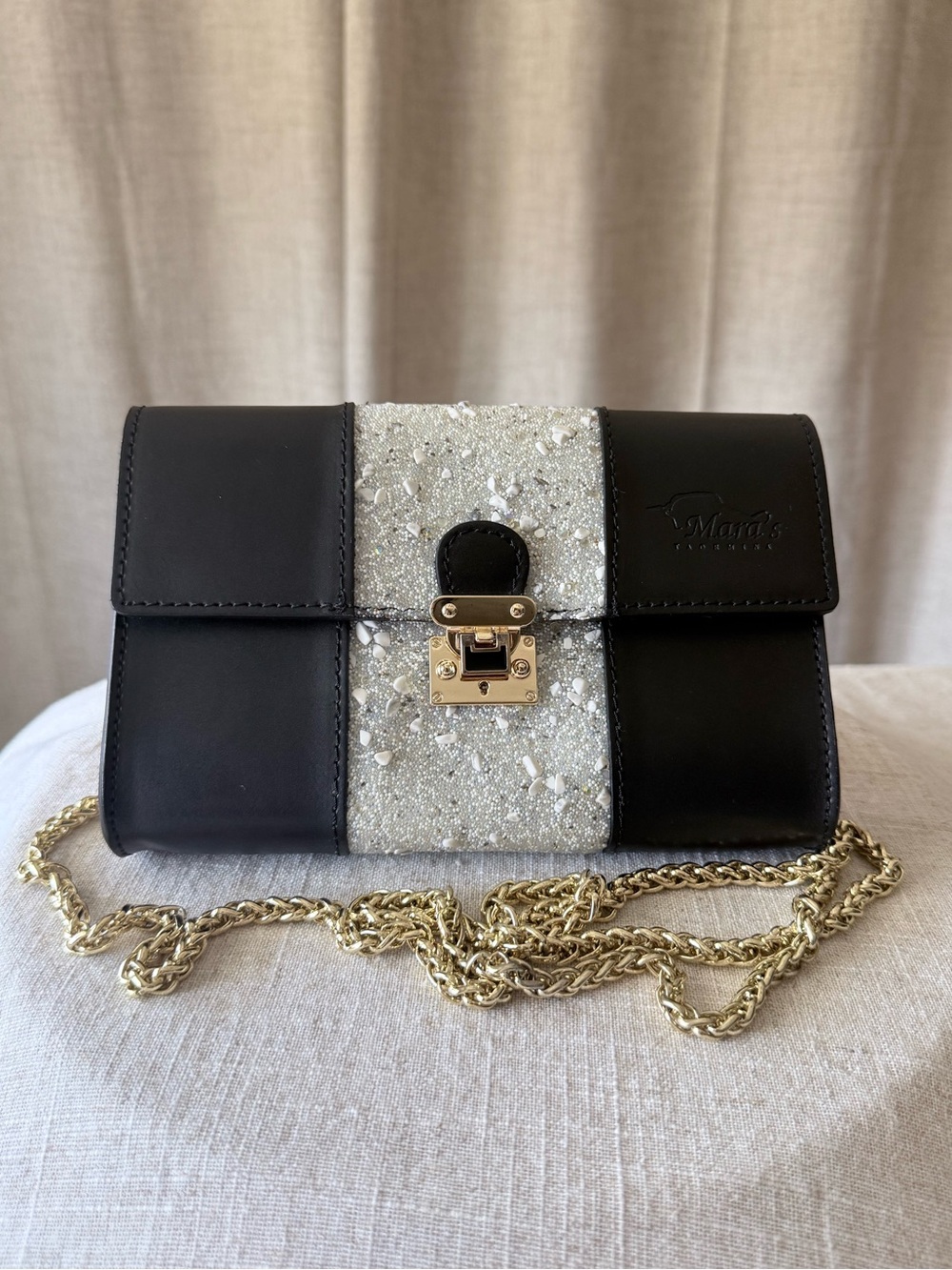Mara’s Taormina Italian Leather Crossbody Pearl Beaded Stone Inlay Clutch